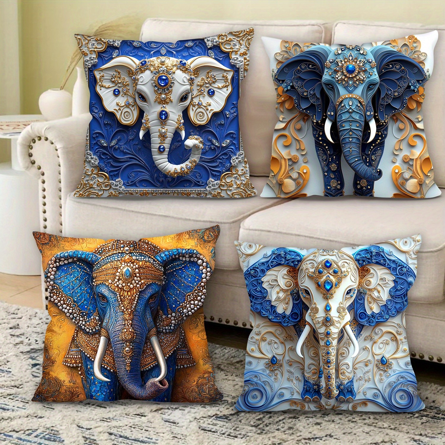 4Pcs Elephant Pillow Covers Blue Gold Embellished Boho Animal Cushion Case Decor gallery