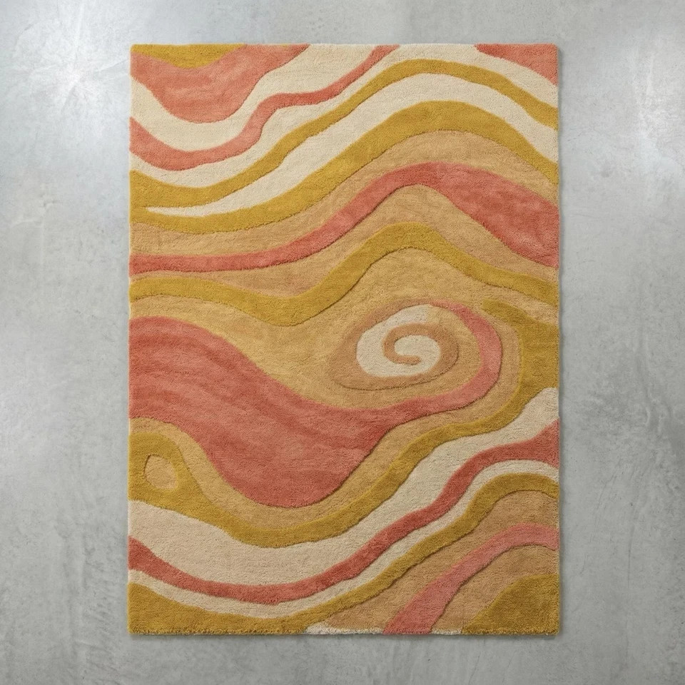 Hand-Tufted Wool Area Rug Coral Yellow Abstract Swirl, Bohemian Eclectic Carpet gallery