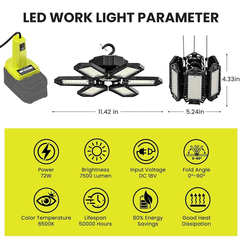 LED 18V Ryobi Battery Compatible Work Light 6800LM 68W Garage Flood Light gallery
