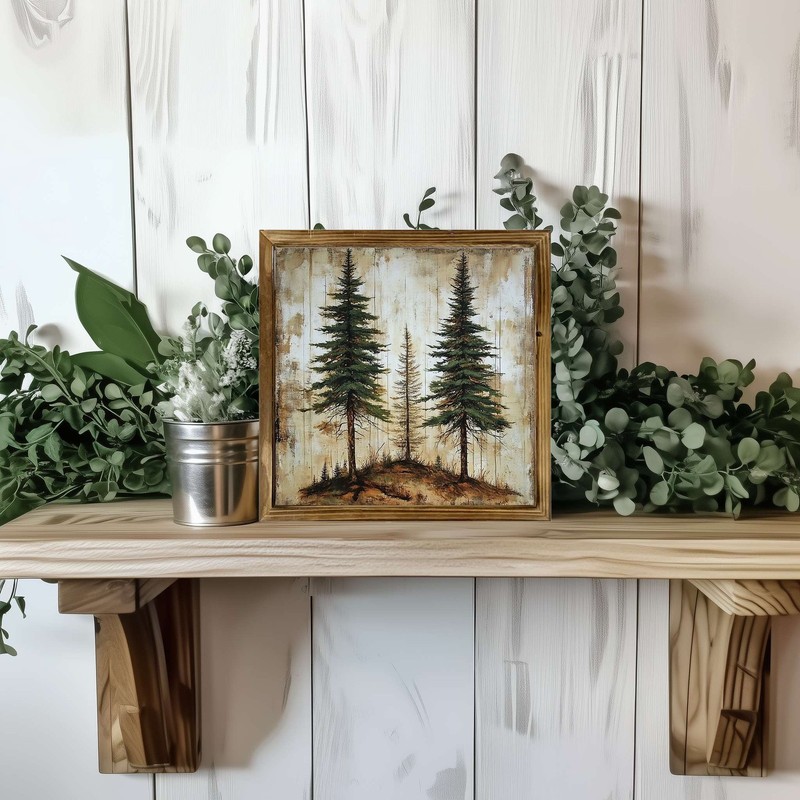 Rustic Framed Pine Tree Art Vintage Forest Landscape Farmhouse Wooden Wall Decor gallery