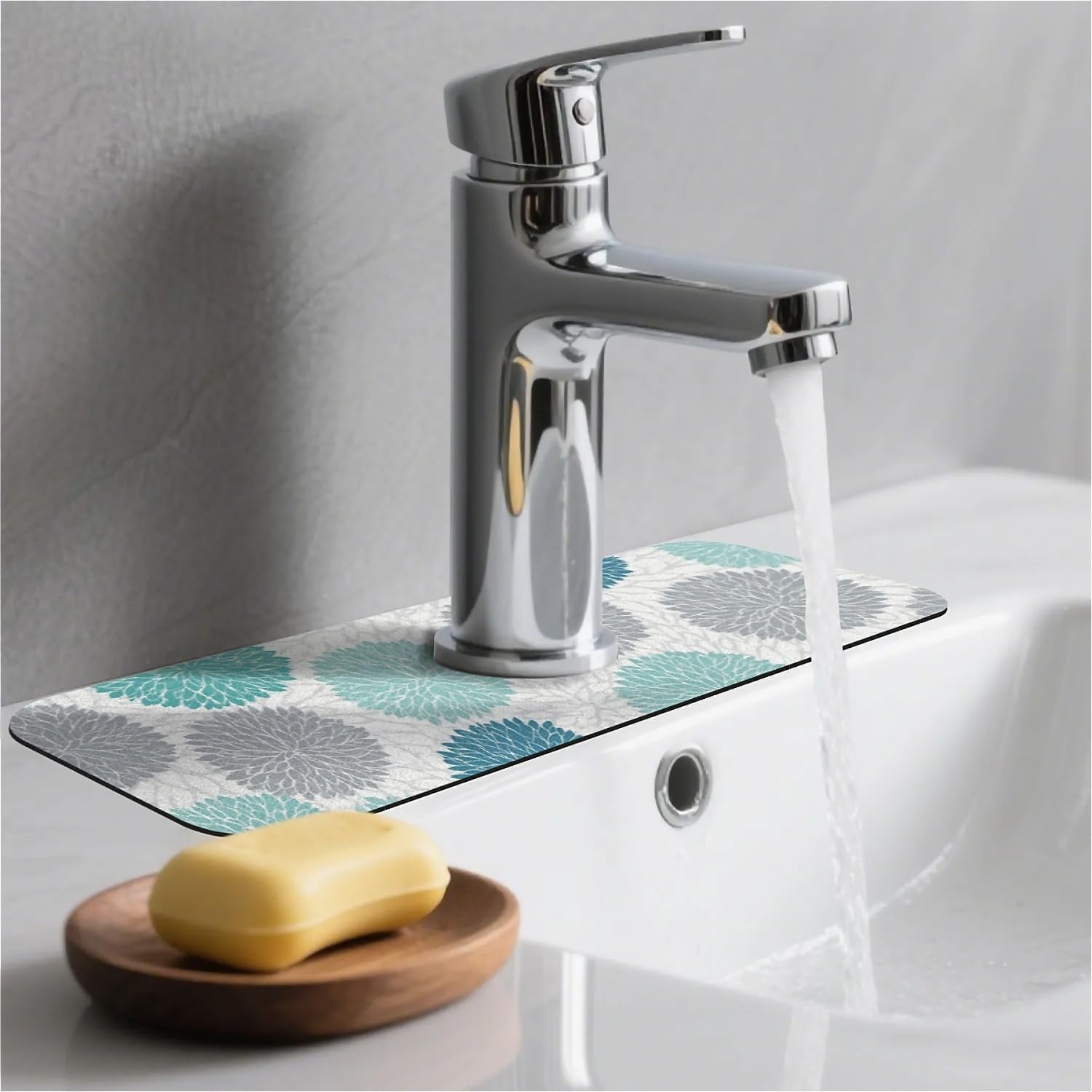 Kitchen Sink Splash Guard，Turquoise and gray flowers-1 Faucet Mat Sink Gadget... gallery