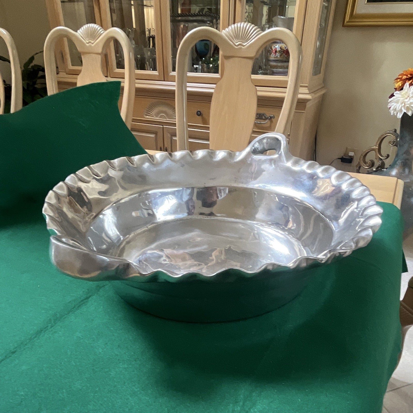 Silver Tone Pewter Round Serving Bowl w/ 2 Handles Scalloped Rim gallery