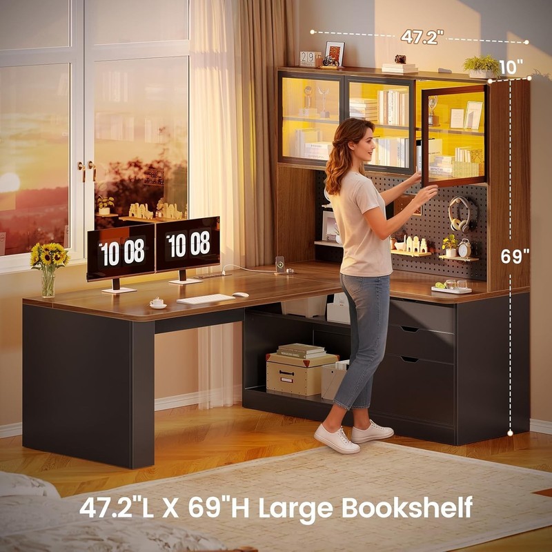 L Shaped Office Desk, Corner Computer Desk with 3 Drawers, Bookshelf & LED Light gallery
