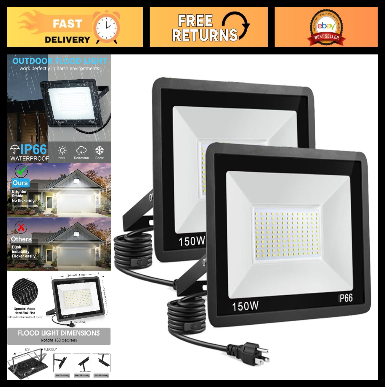 2-Pack 150W Super Bright LED Flood Lights, 16000lm, IP66 Waterproof, Outdoor Sec gallery