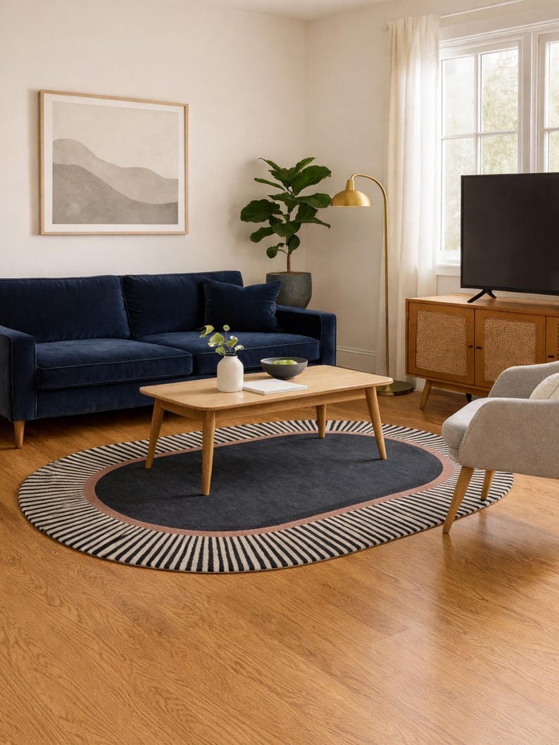 Modern Oval Wool Area Rug, Handmade Scandinavian Carpet, Minimalist Living Room gallery
