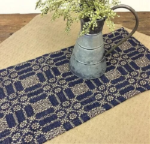 New PRIMITIVE NAVY TAN TABLE RUNNER Woven Table 32"x14" Farmhouse Rustic Cotton gallery