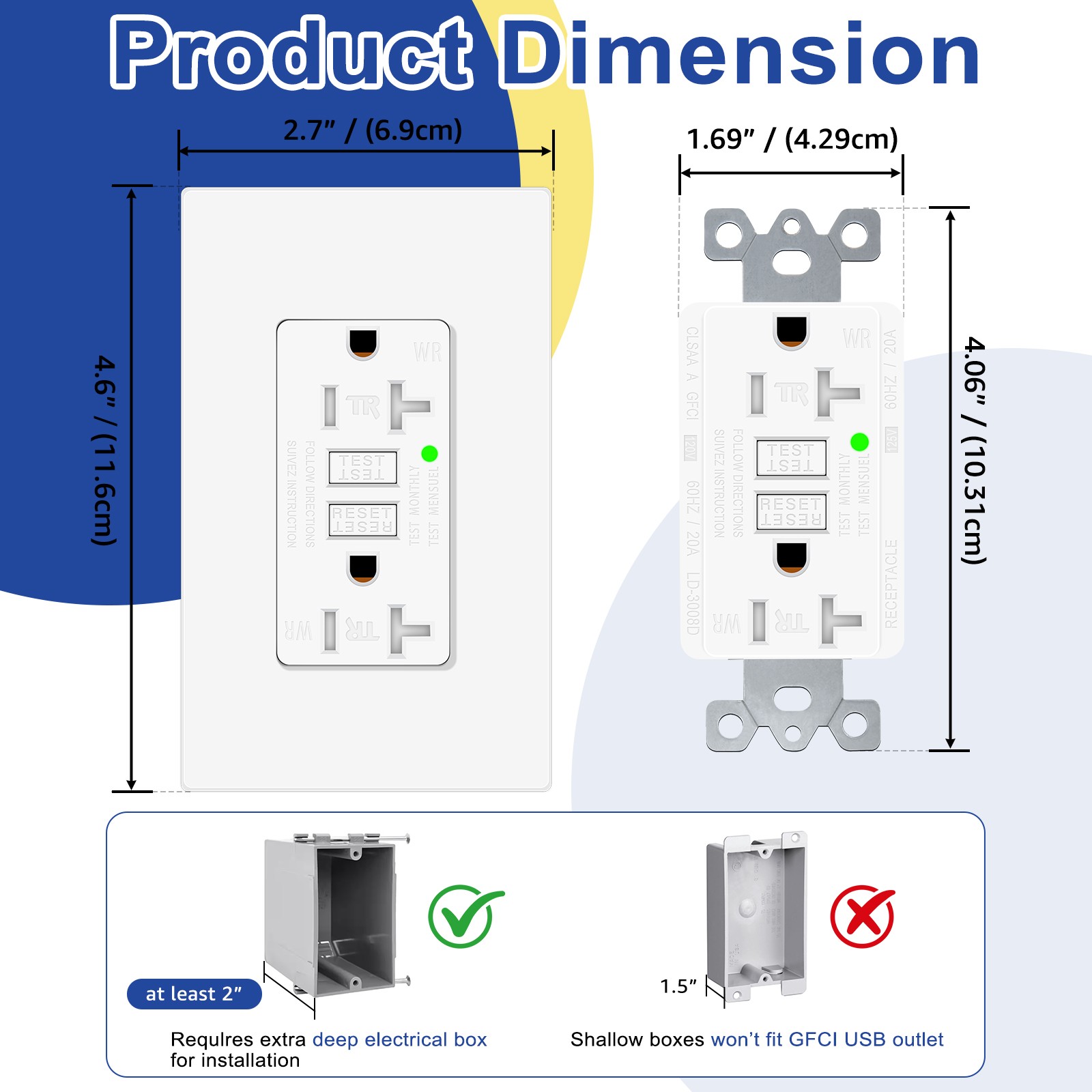 3PCS 20A GFCI Outlet Tamper Weatherproof Self-Test ETL FCC Listed LED Status gallery