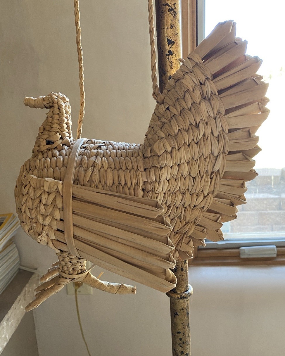 Rattan Chicken Hanging Handmade Artwork 13” Cord Drop. Country Farm Cottage READ gallery
