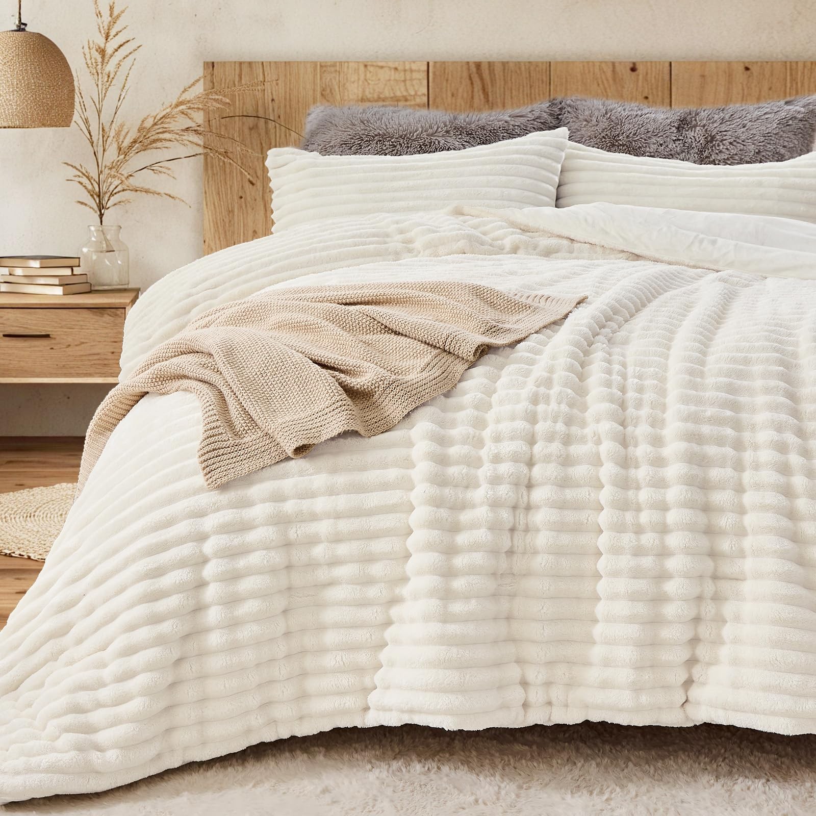 Sasttie Queen Comforter Set 3 Pieces - Super Soft Fleece Queen, Cream White gallery