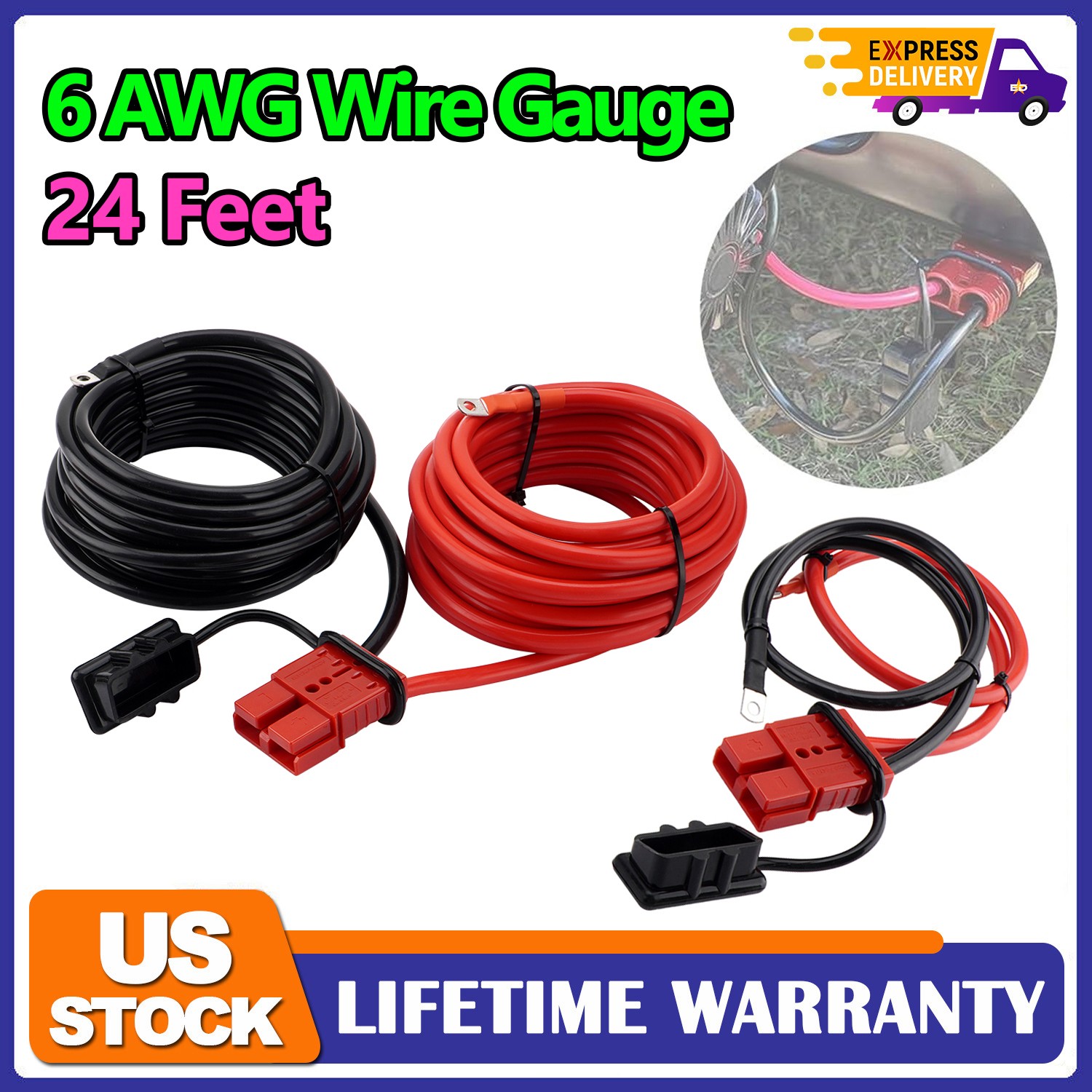24 Feet & 125A Quick Disconnect Winch Power Cable 6 Gauge 6 AWG Copper Wiring US gallery