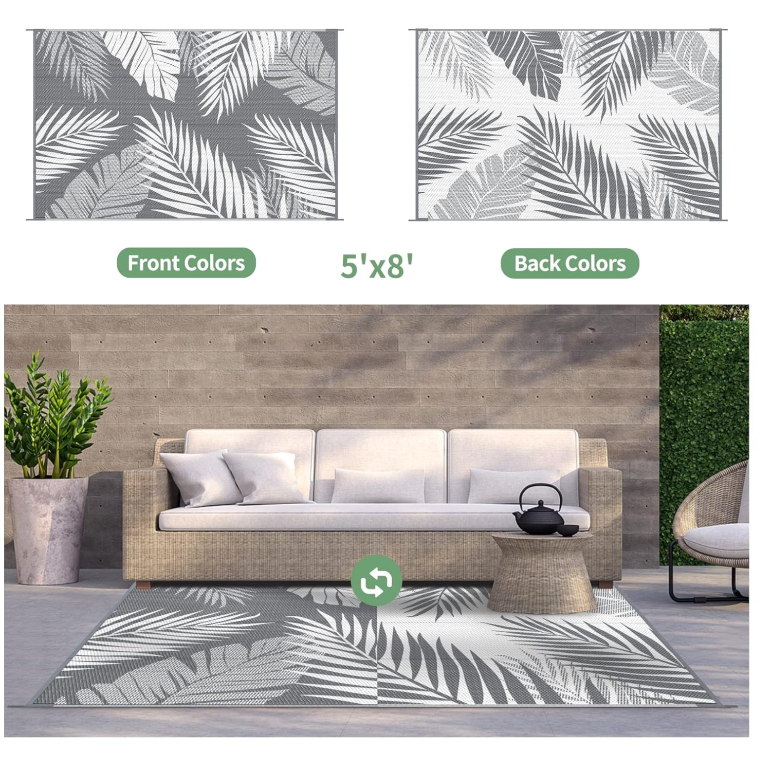 Grey&White Plastic Straw Rug 5x8 - Waterproof, Reversible gallery