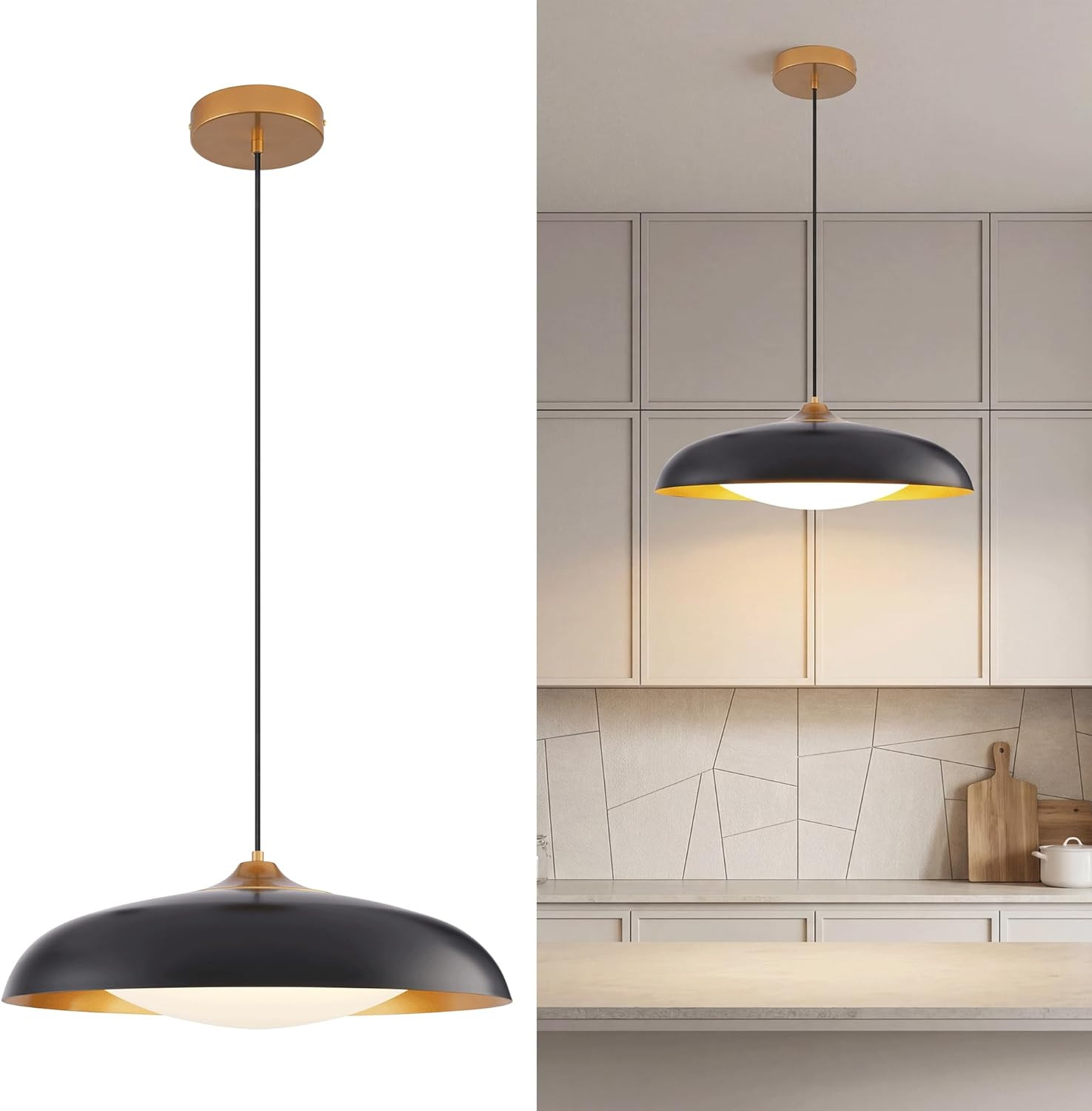 21 Inch Large LED Large Pendant Light, Black and Gold Dome Metal Pendant Light w gallery