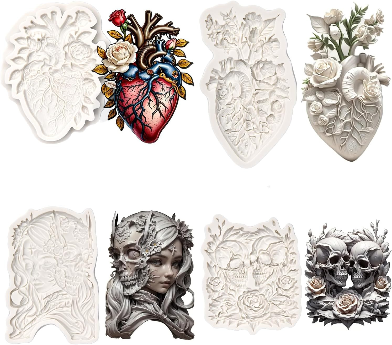 (Four-Piece Set) Heart-Shaped Flowers, Skeleton Girl, Skull Flowers, DIY Silicon gallery