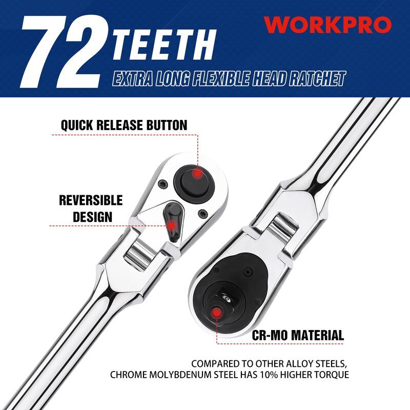 WORKPRO 1/2 inch Drive Extra Long Flex Head Ratchet 72-Tooth CR-V Steel Ratchet gallery