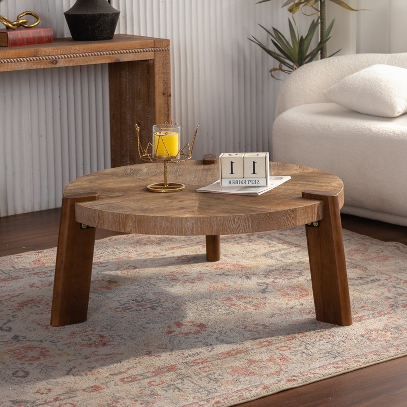 36.61" Round Herringbone Coffee Table, Solid Wood & MDF, Natural Finish gallery