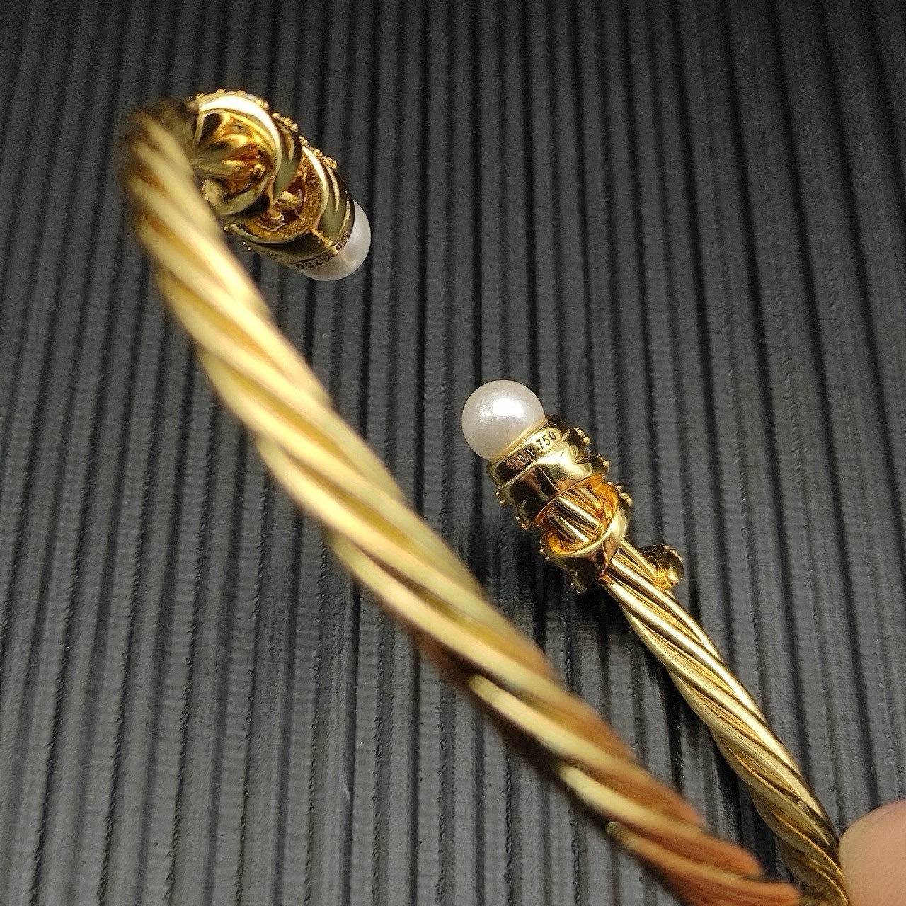 David Yurman 925 Yellow Gold Tone Cable Cuff Bracelet Pearl Ends Diamond gallery