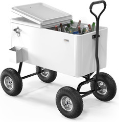 VINGLI 80 Quart Wagon Rolling Cooler Ice Chest, W/Long Handle and 10″ Wheels, Po