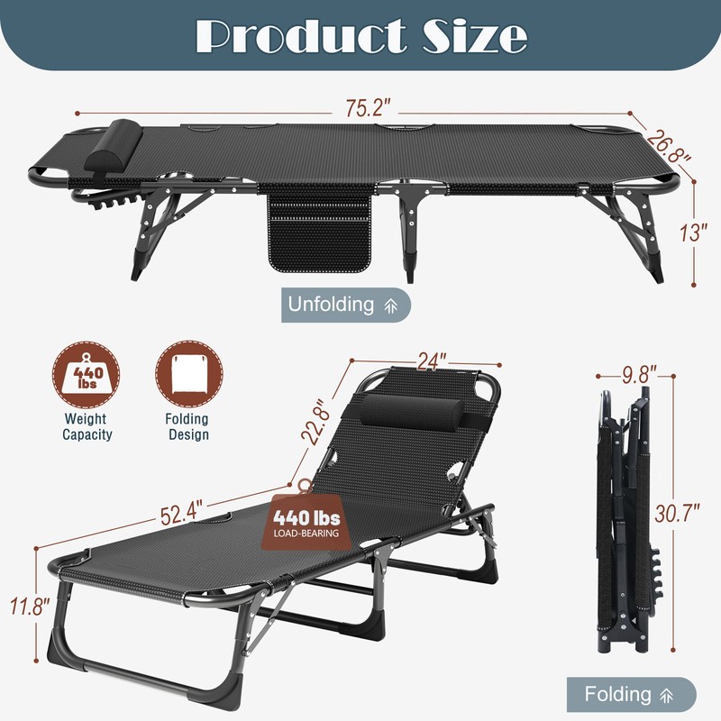 New 4 Level Adjustable Cot Rollaway Folding Bed Black Frame with Black Mattress gallery