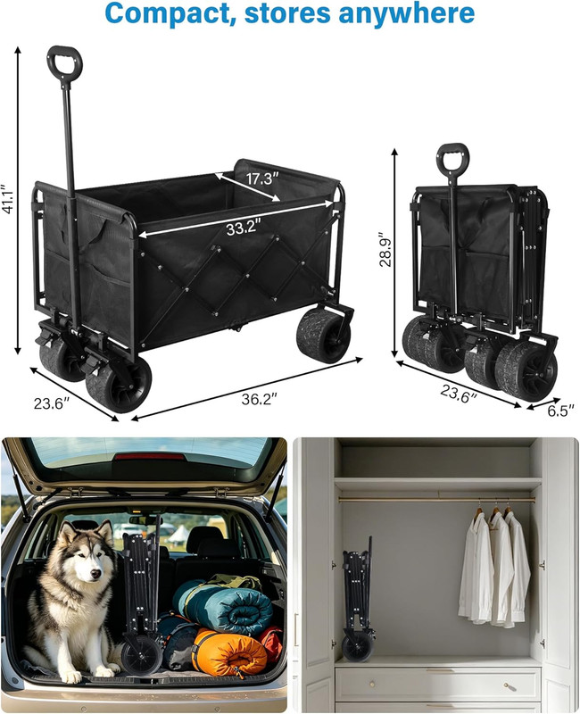 600LBS Beach Wagons Carts Foldable for Sand, Heavy Duty Collapsible Wagon with B gallery