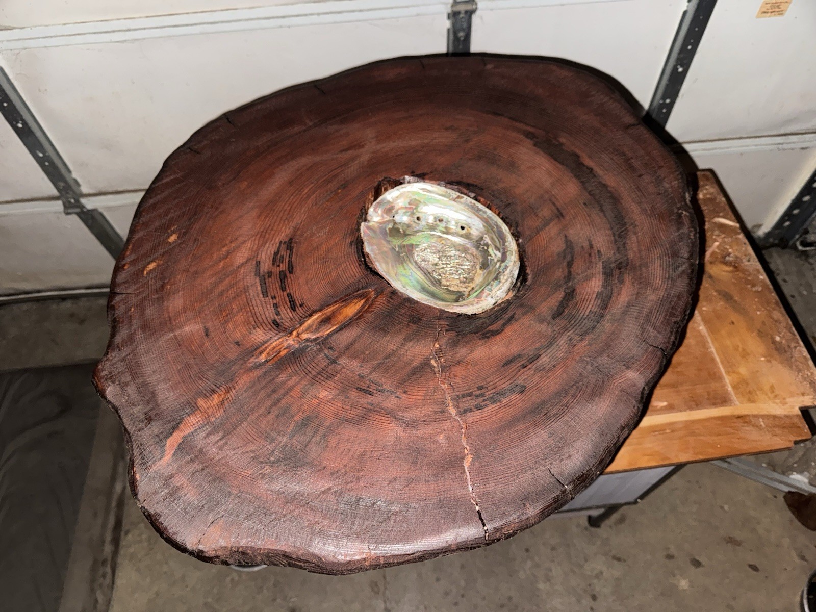 Redwood coffee table with inlaid abalone shell gallery