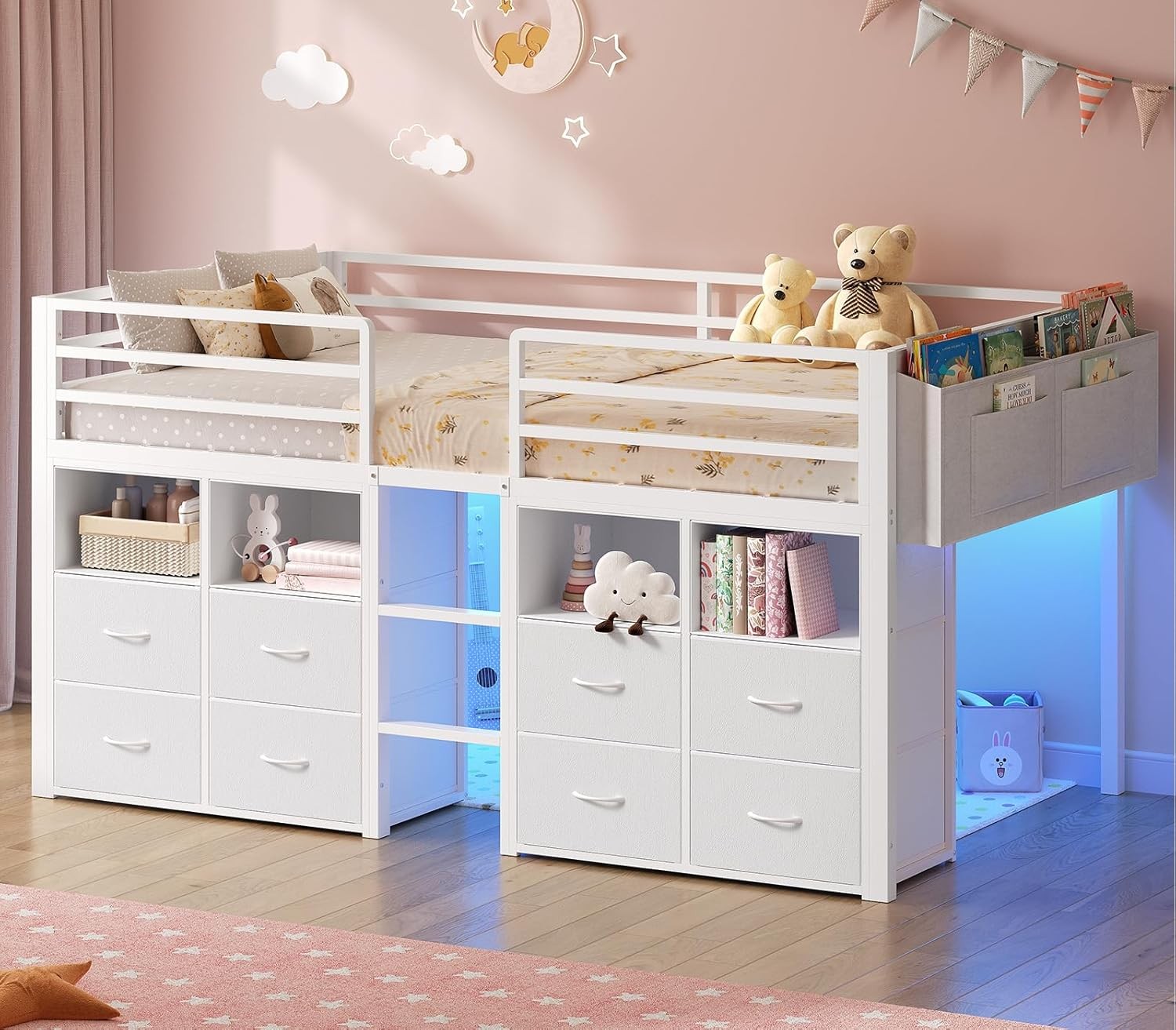 Twin Size Low Loft Bed with 8 Storage Drawers, Bookcase, LED Lights Play Curtain gallery