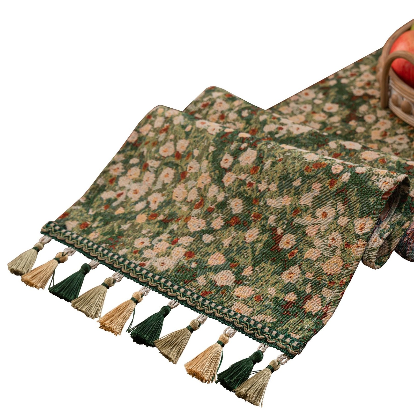 Floral Table Runner Jacquard Flower Dining Tassel Daisy 13x48 Inch Green gallery