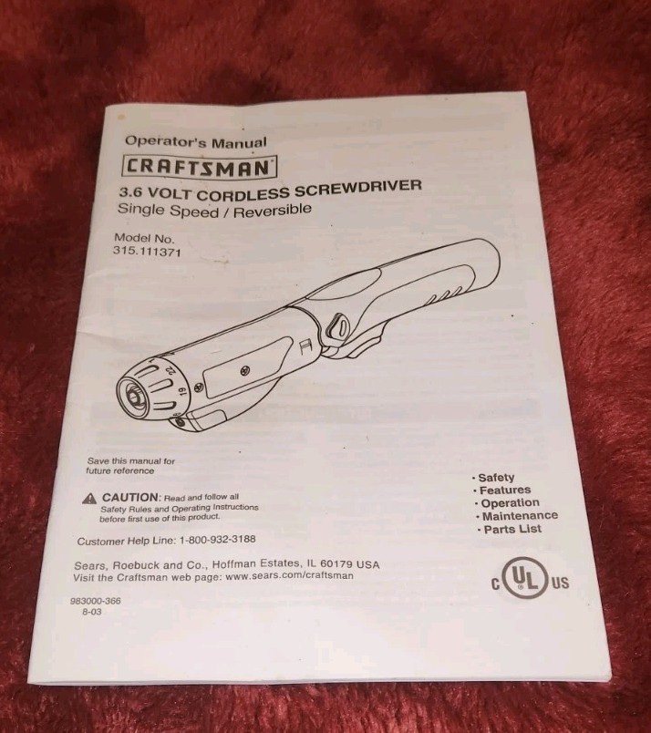 Craftsman 3.6 Colt Cordless Screwdriver Operators User Manual 315.111371 gallery