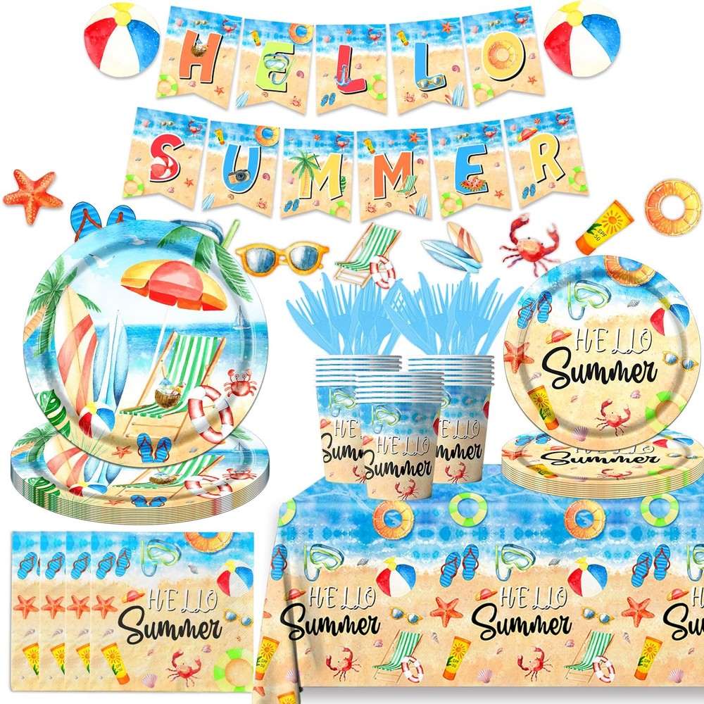 Hello Summer Party Decorations-142Pcs Beach Pool Party Paper Plates and Napki...
