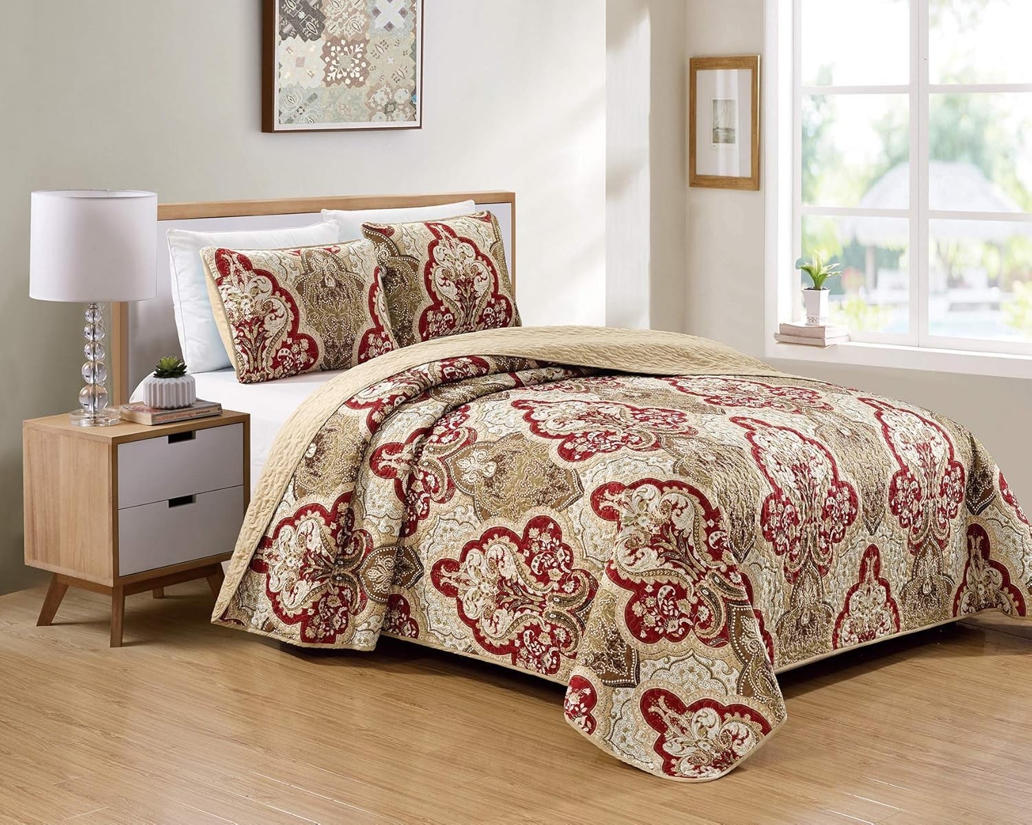 Bedspread Set Damask Pattern Taupe Burgundy Brown New King/California King gallery