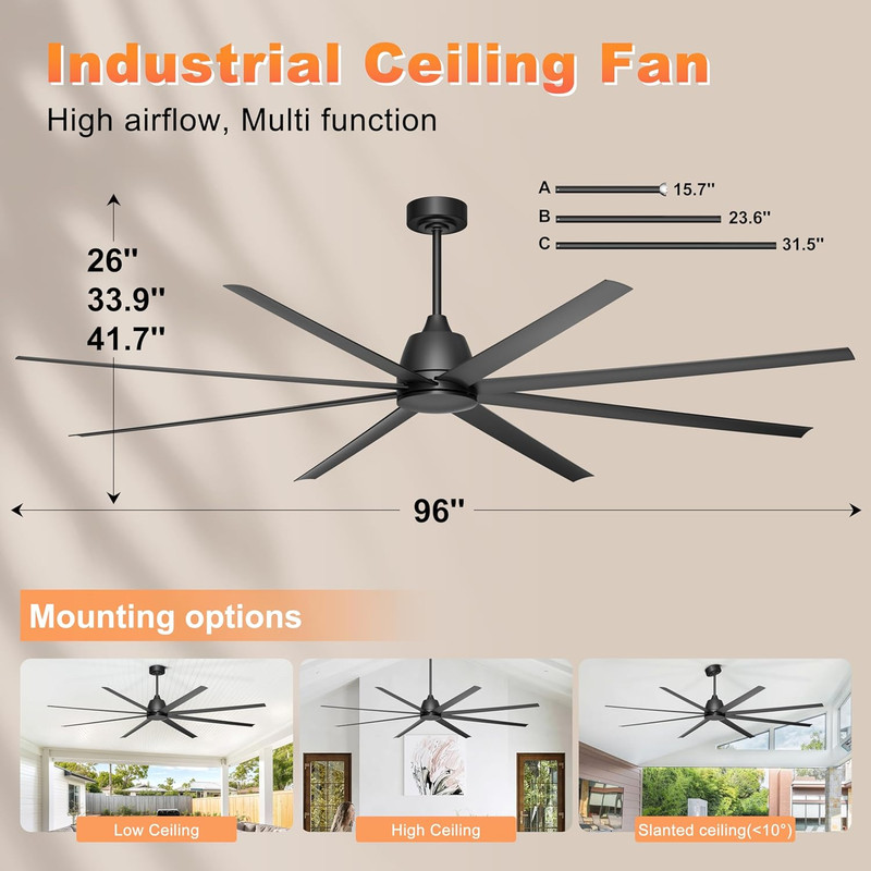 96" Industrial Ceiling Fan with Remote Control for Garage & Warehouse, Black gallery