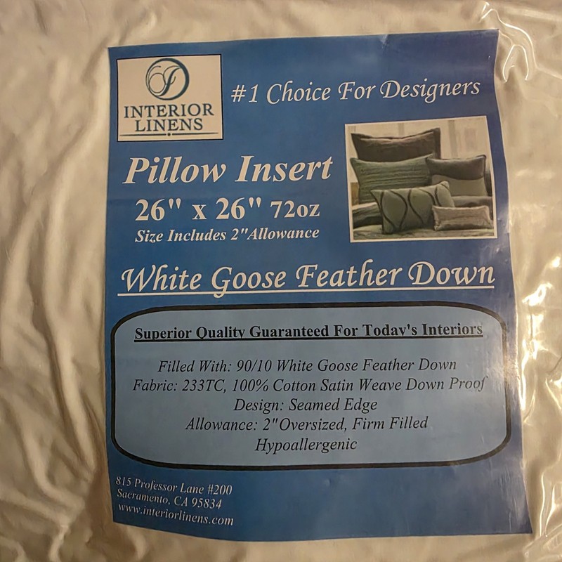 New Interior Linens Goose Down Feather 26" X 26" Jumbo High Quality White Pillow gallery