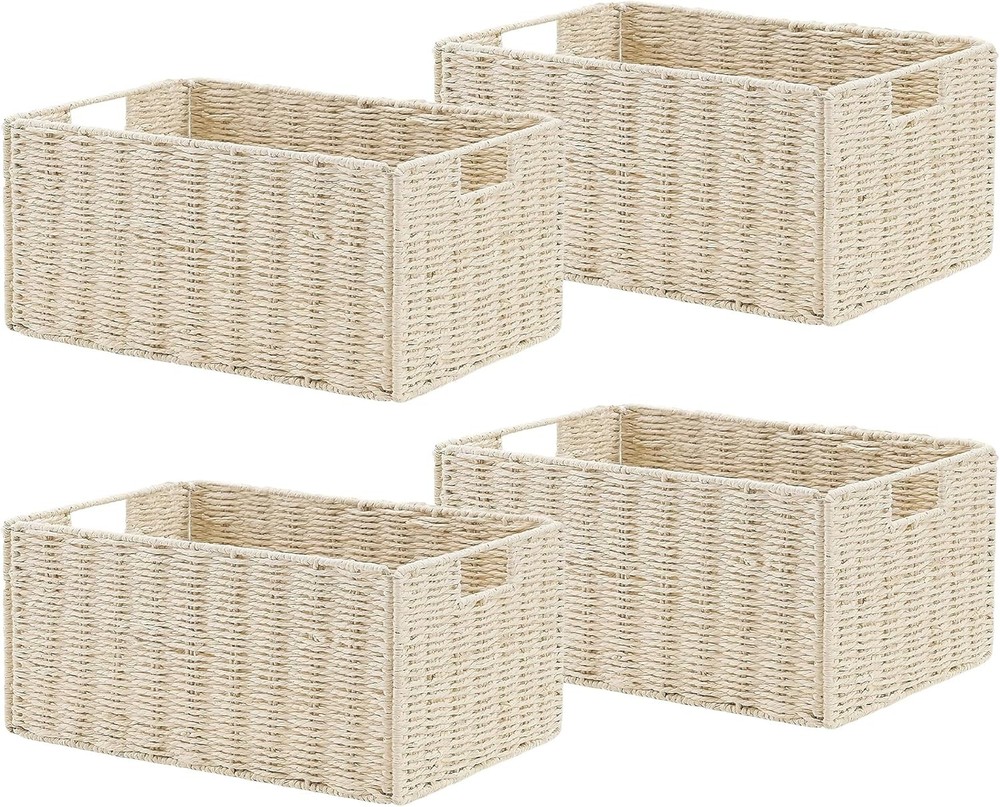 Set of 4 Wicker Storage Baskets Foldable Paper Rope Bins with Handles for Home