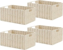 Set of 4 Wicker Storage Baskets Foldable Paper Rope Bins with Handles for Home