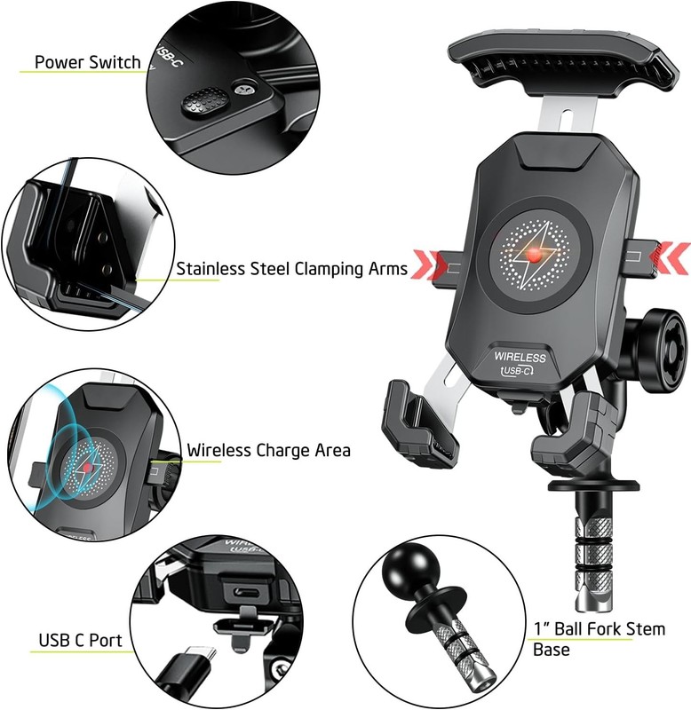 Motorcycle Fork Stem Phone Mount Wireless/USB C Charger with RAM 1" Ball Fits gallery