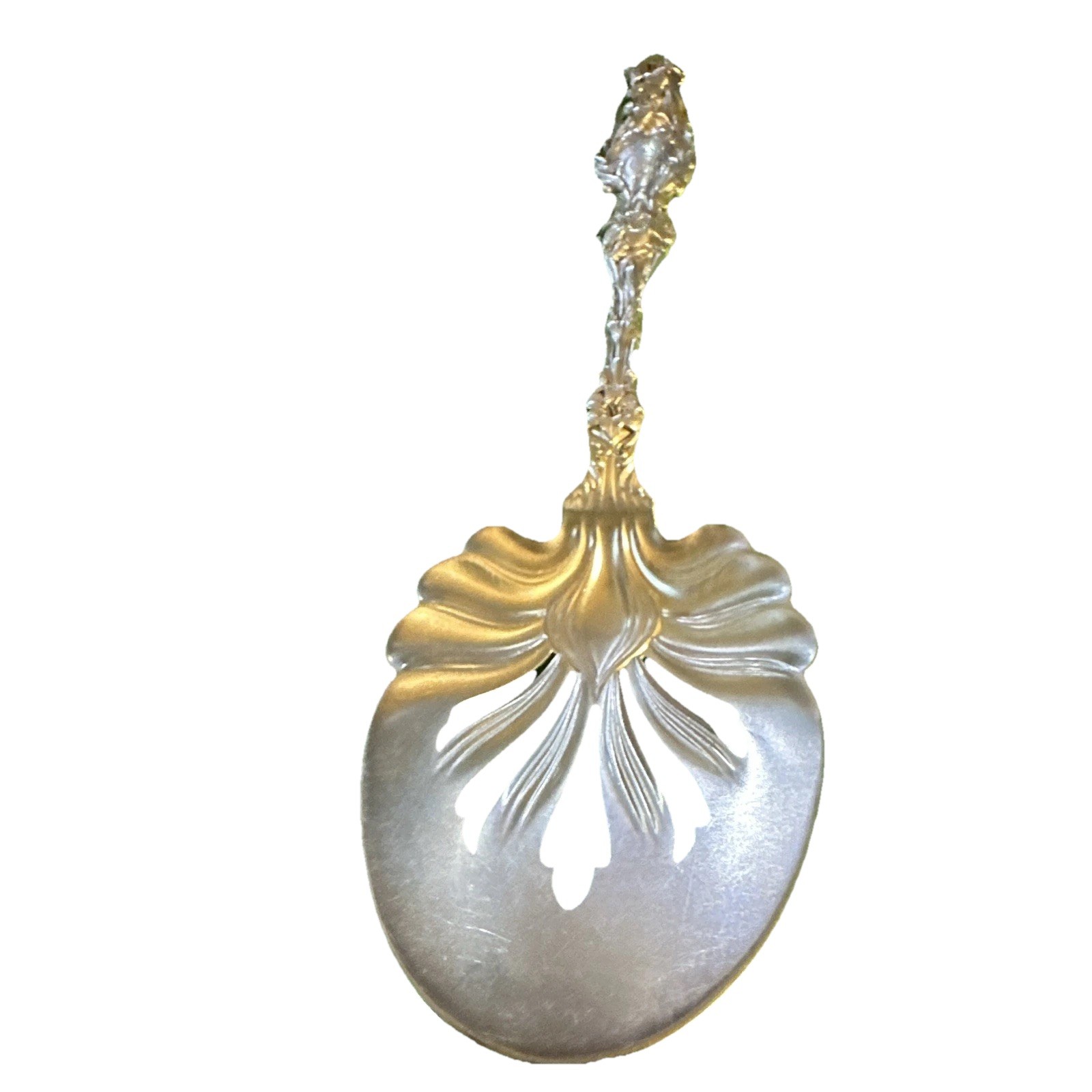 Victorian Whiting Sterling Silver Pierced Serving Spoon. Lily patterned Handle. gallery