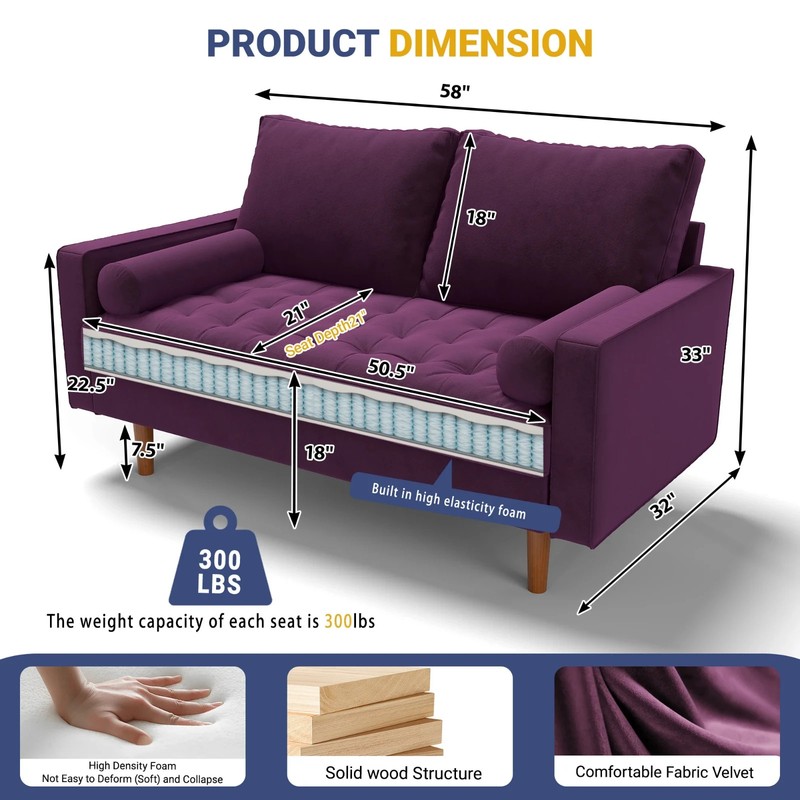58" Sectional Loveseat Sofa Couch Mid Century Modern Small Space Purple gallery