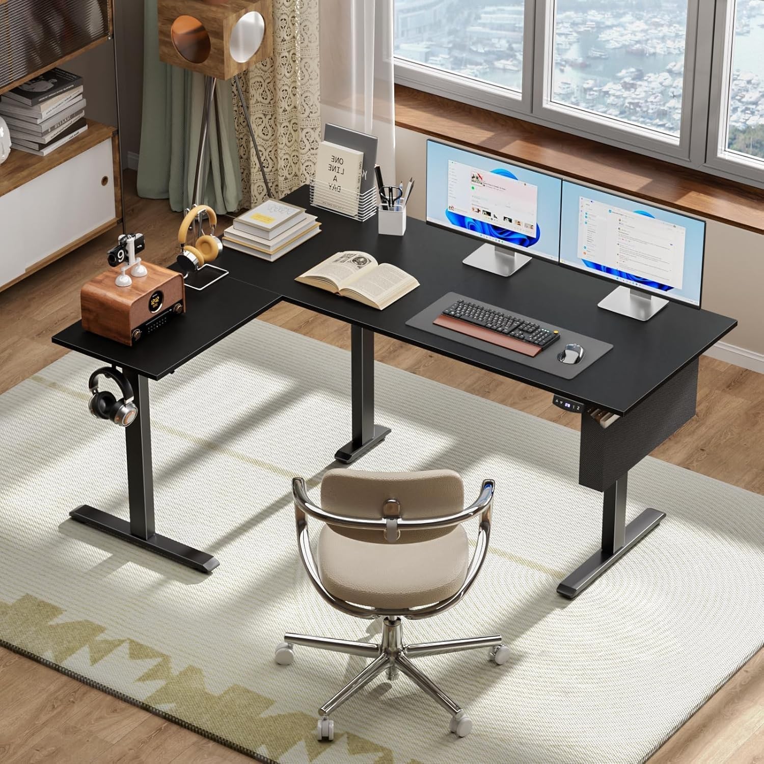 L Shaped Electric Standing Desk 63 Inch Adjustable Height Sit to Stand Corner gallery