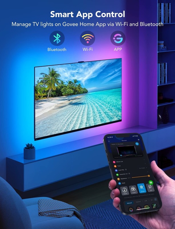 RGBIC Smart LED TV Backlight Strip Lights for 70-80" TVs, Bluetooth/Wi-Fi, Music gallery