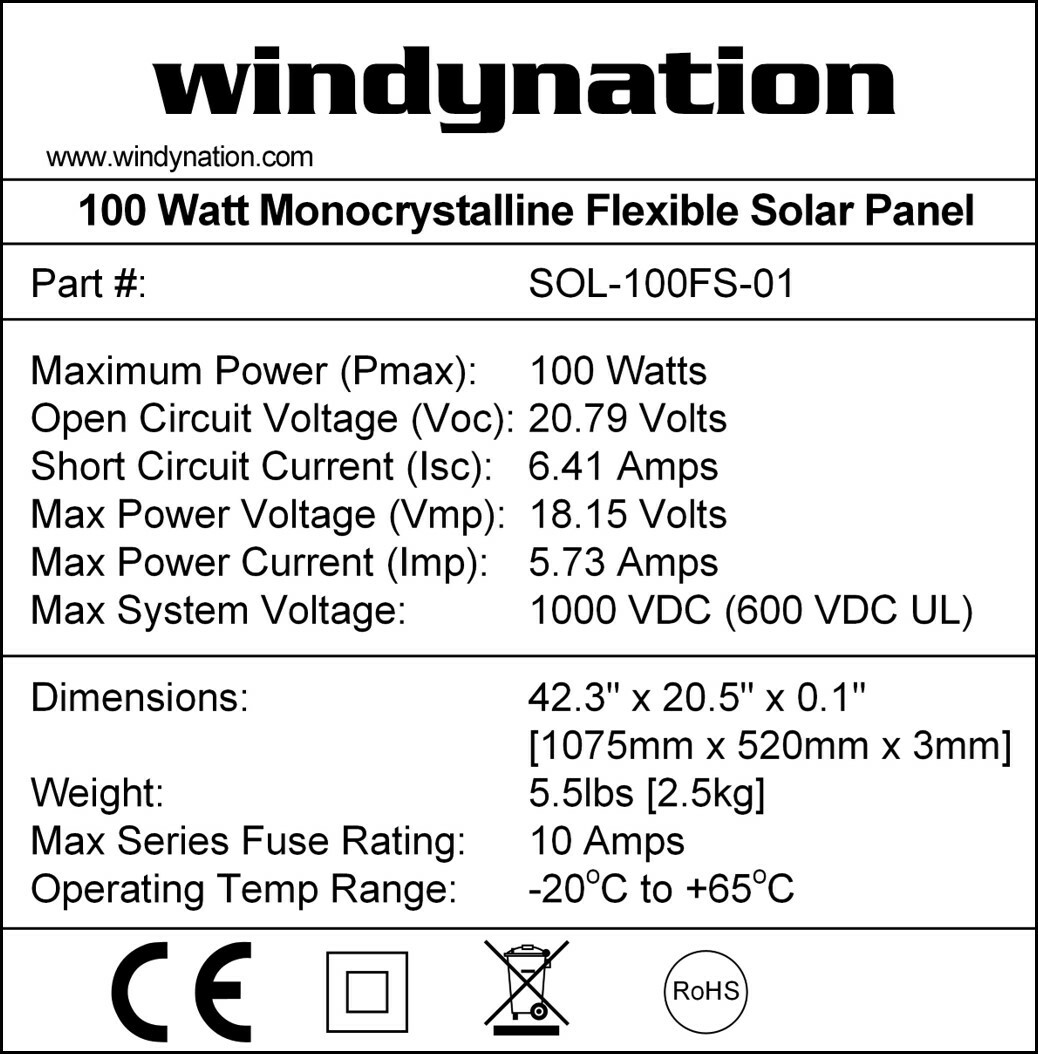 WindyNation 100 Watt 12V Flexible Monocrystalline Solar Panel Battery Charger gallery