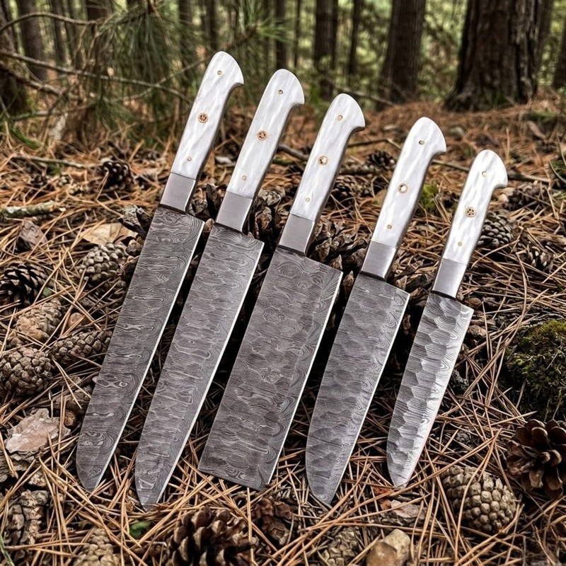 Damascus Chef Knife Set 5 Pc Handmade Santoku Nakiri Pearl Handle Leather Roll gallery