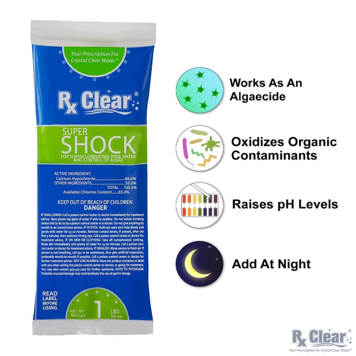 Rx Clear 68% Calcium Hypochlorite Super Chlorine Pool Shock - 1 lb Bag gallery
