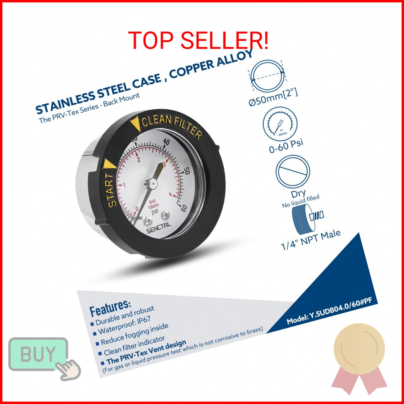 SENCTRL 0-60 Psi Pool Filter Pressure Gauge, 2 inches Dial, 1/4 NPT Back Mount, gallery