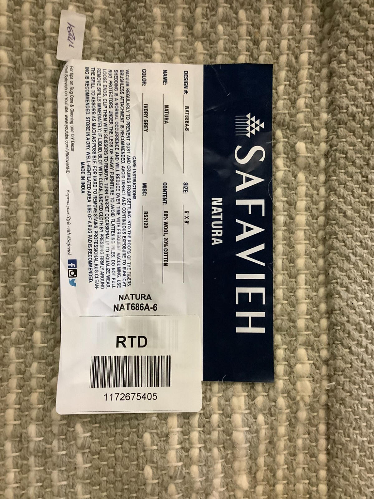 IVORY / GREY 6'-0" x 9'-0" Back Stain Rug, Reduced Price 1172675405 NAT686A-6 gallery