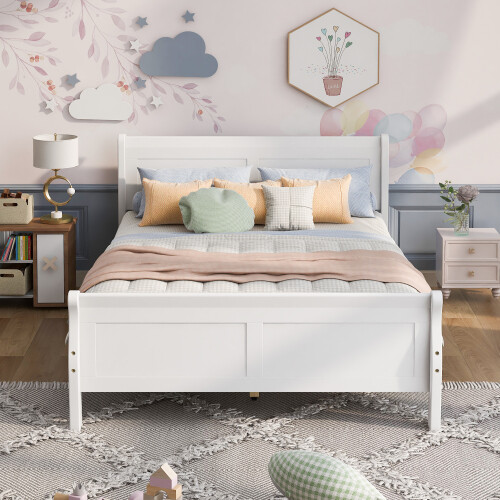 Full/Queen Size Wood Bed Frame Platform Bed w/ Headboard and Wooden Slat Support