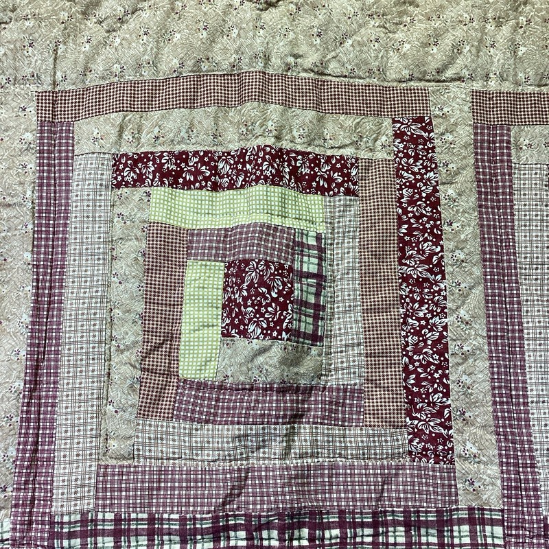 Full Quilt Red Tan Log Cabin Patchwork Cotton "Victorian Heart" 86" x 86" 1 Sham gallery