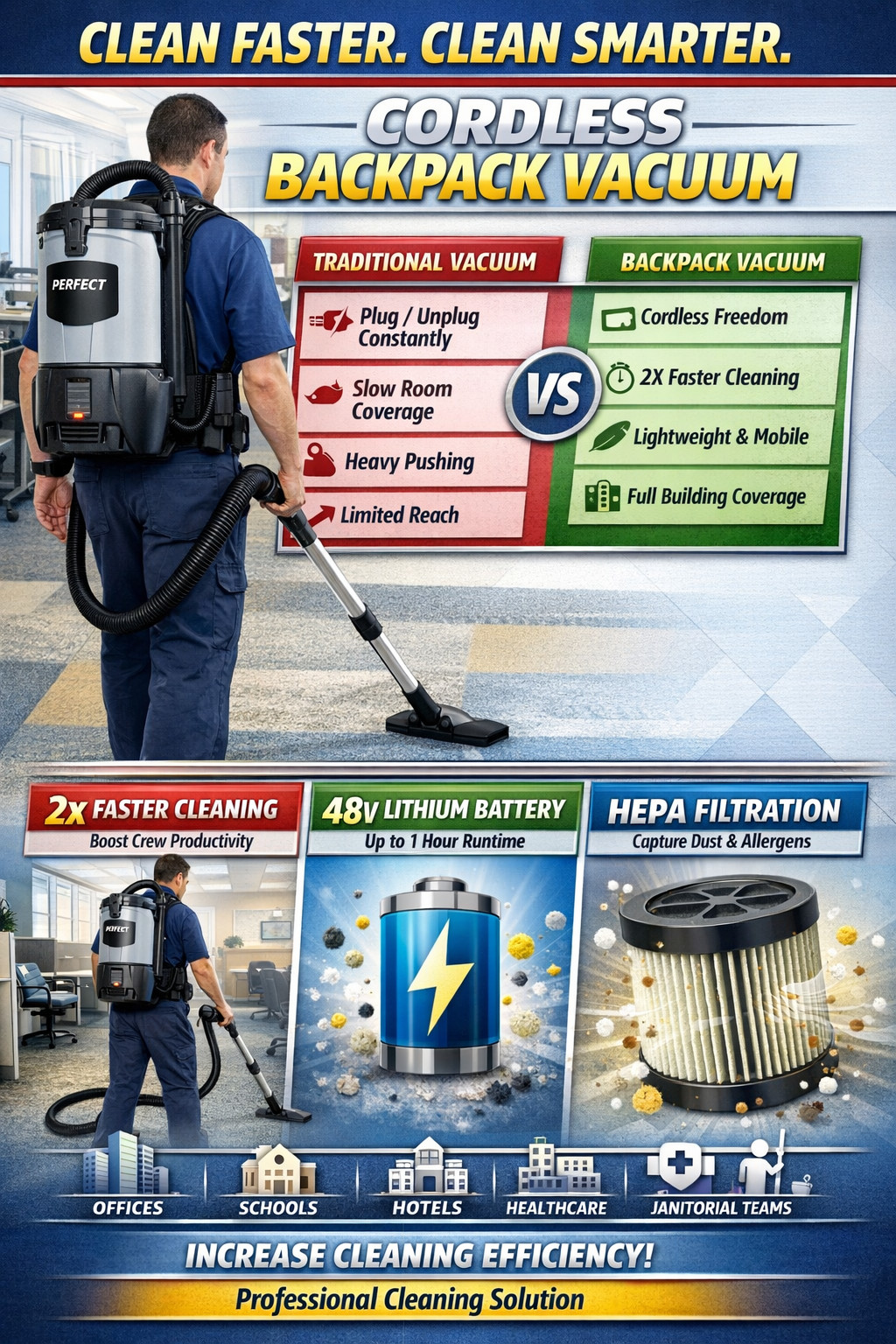 Perfect PP5 Cordless Backpack Vacuum Battery Janitorial Cleaning Office School gallery