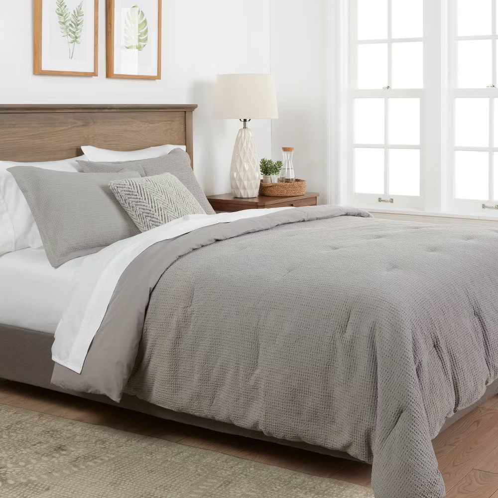 Twin/Twin Extra Long Washed Waffle Weave Comforter and Sham Set Dark Gray gallery