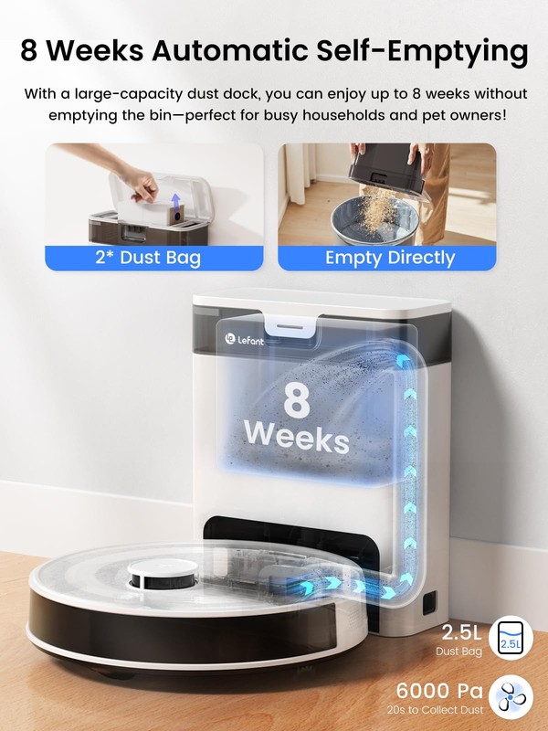 Robot Vacuum and Mop Combo, 8 Weeks Self-Emptying with Dual Dustbin Options, ... gallery