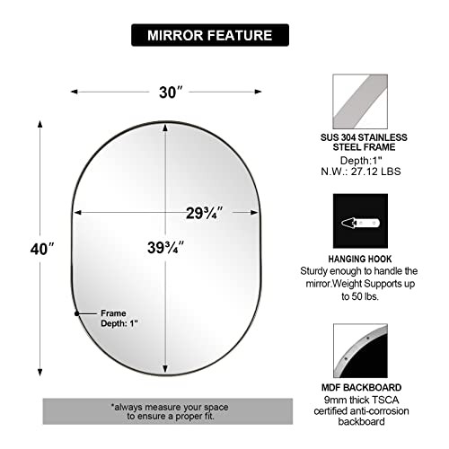 Rustproof Oval Mirror for Bathroom, 30x40 Inch Mirrors for 40"L x 30"W Chrome gallery