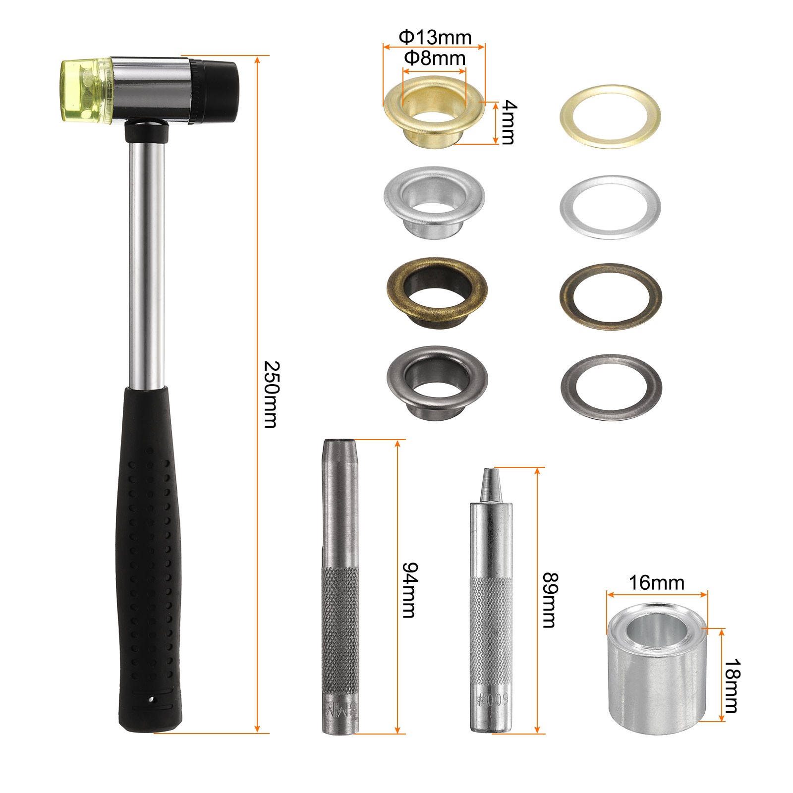 Grommet Eyelet Kit 200pcs 8mm Inner Dia with Tool, Gold,Silver,Gunmetal,Bronze gallery